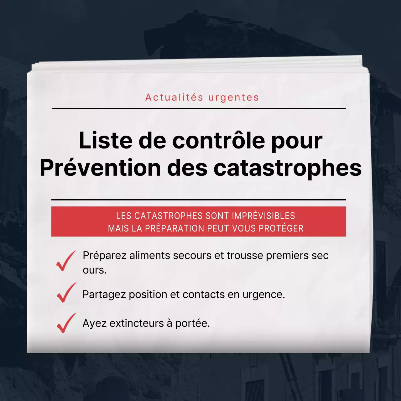 Liste de contrôle de sécurité en cas de catastrophe dans un journal bleu marine et rouge