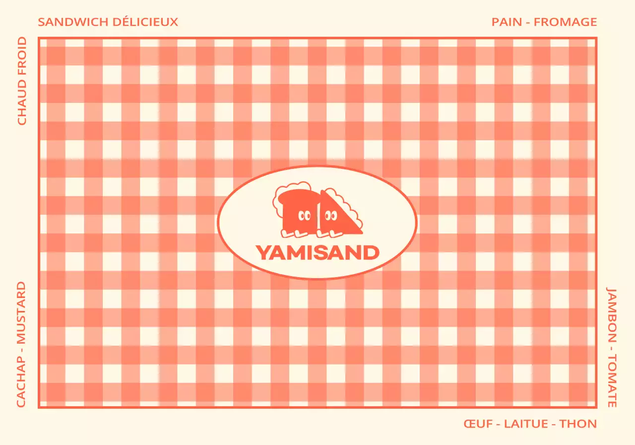 Sandwich shop merchandising avec un motif à carreaux rouges et jaunes et une pochette dépliable avec un personnage mignon.