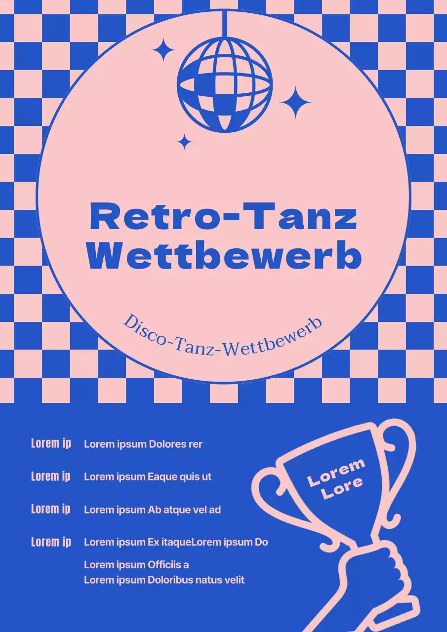 Ein Werbeplakat für einen Retro-Tanzwettbewerb in Blau und Rosa.