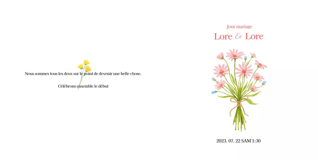 Invitation de mariage simple avec des fleurs roses sur fond blanc