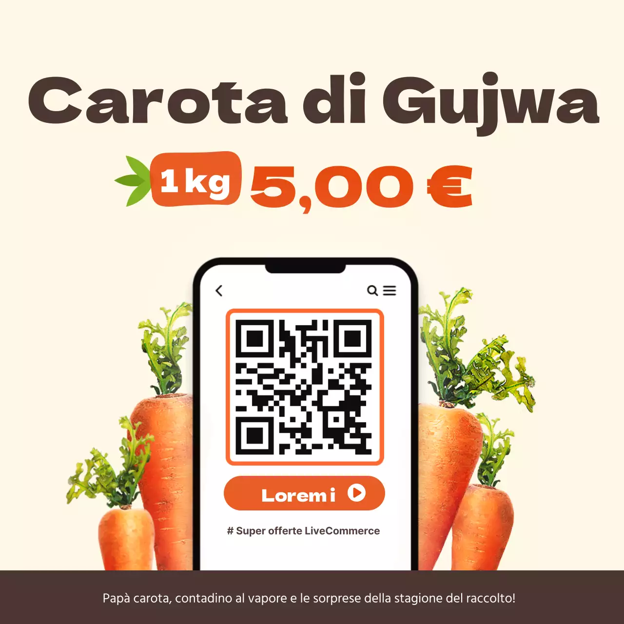 Promuovere un livestream di un'offerta super speciale sulle carote di Jeju con semplici colori arancioni e marroni