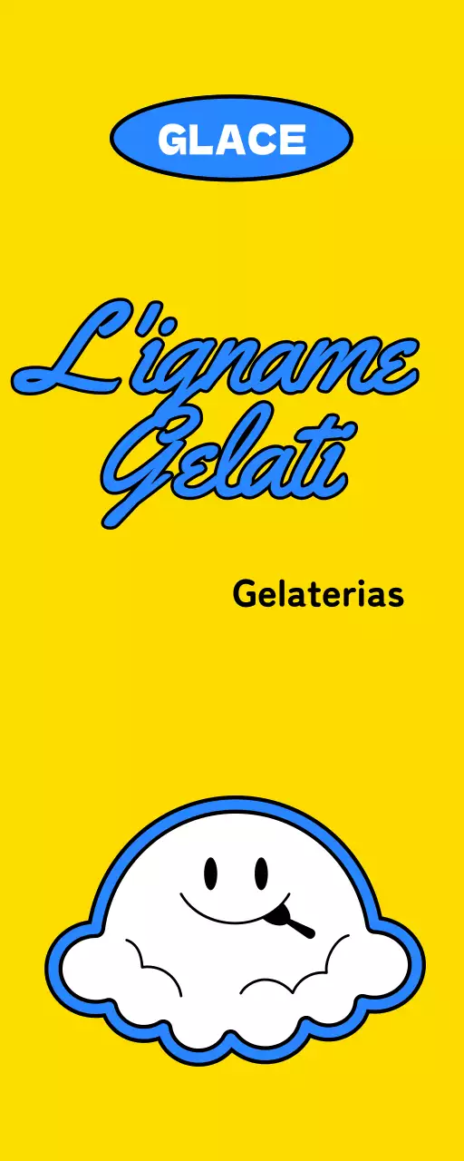 Promotion d'un mignon concept de magasin de gelato avec une illustration de personnage de crème glacée jaune et bleu