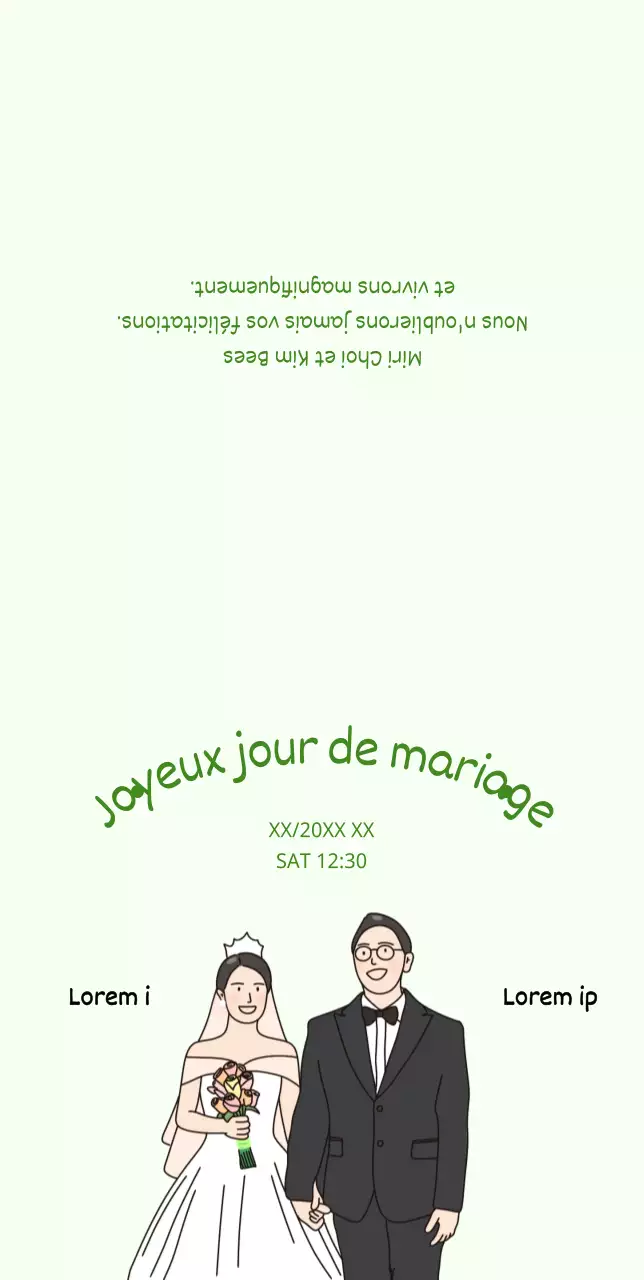 Invitation de mariage des mariés se tenant par la main sur fond vert clair