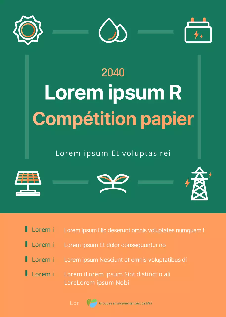 Concept d'icône simple vert et orange Annonce d'un concours de papier d'affaires renouvelable respectueux de l'environnement