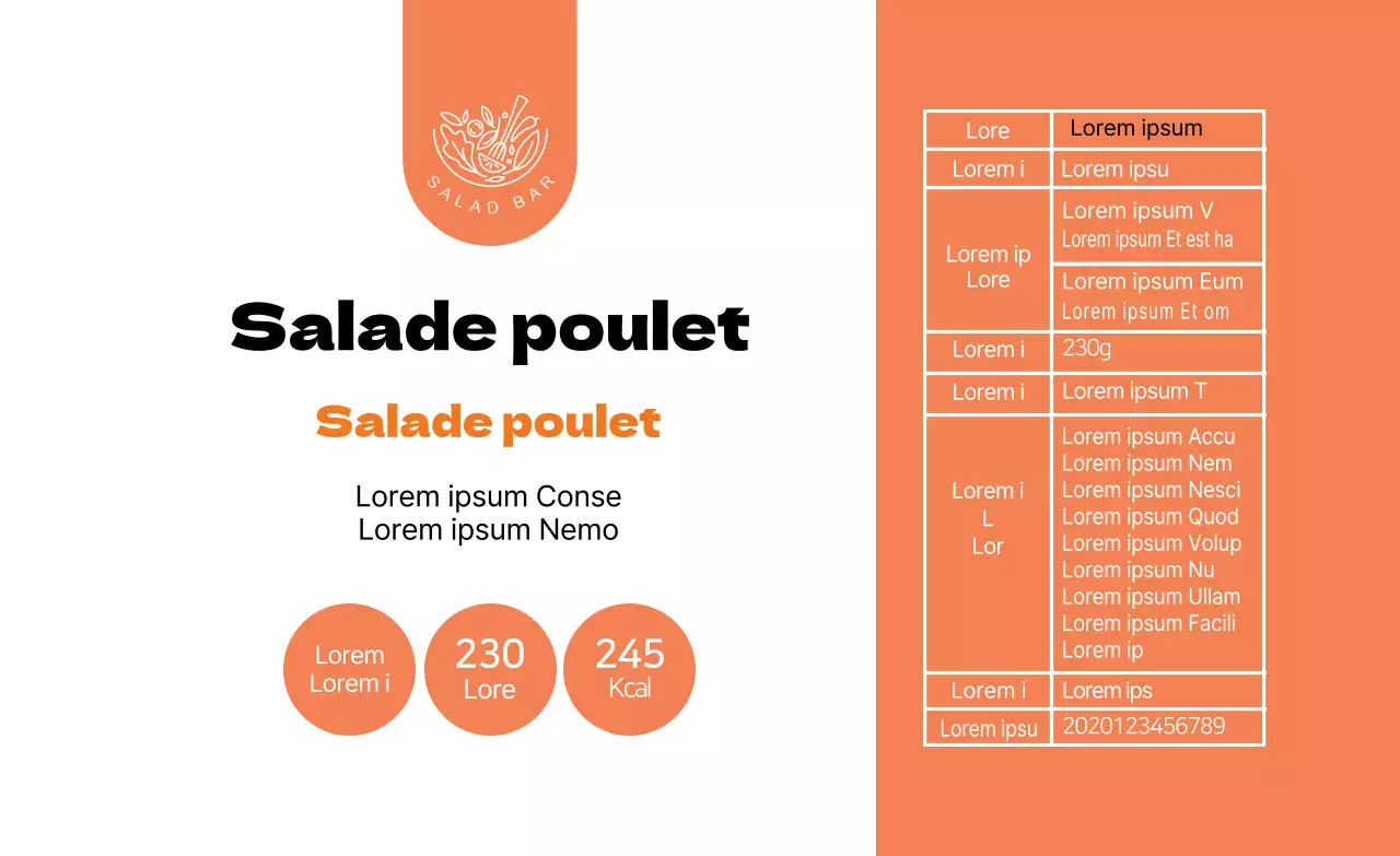 Étiquettes alimentaires illustrées en orange pour les salades