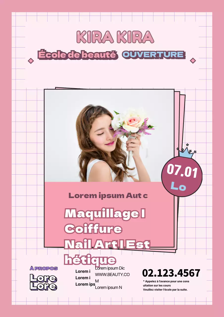 Faites la promotion d'une jolie école de beauté avec la photo d'un mannequin féminin en rose.