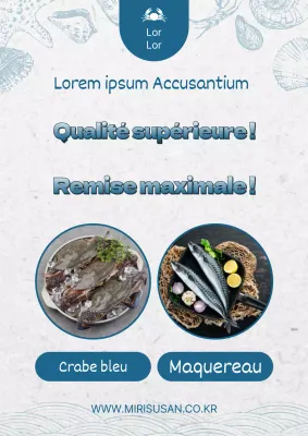 Promotion des produits de la mer avec des accents bleus et bleu clair sur un fond Hanji