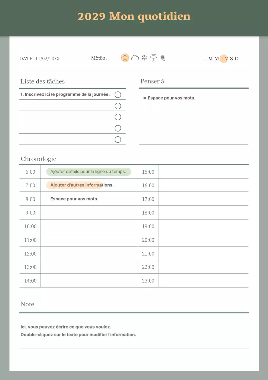Planificateur journalier soigné en vert et orange