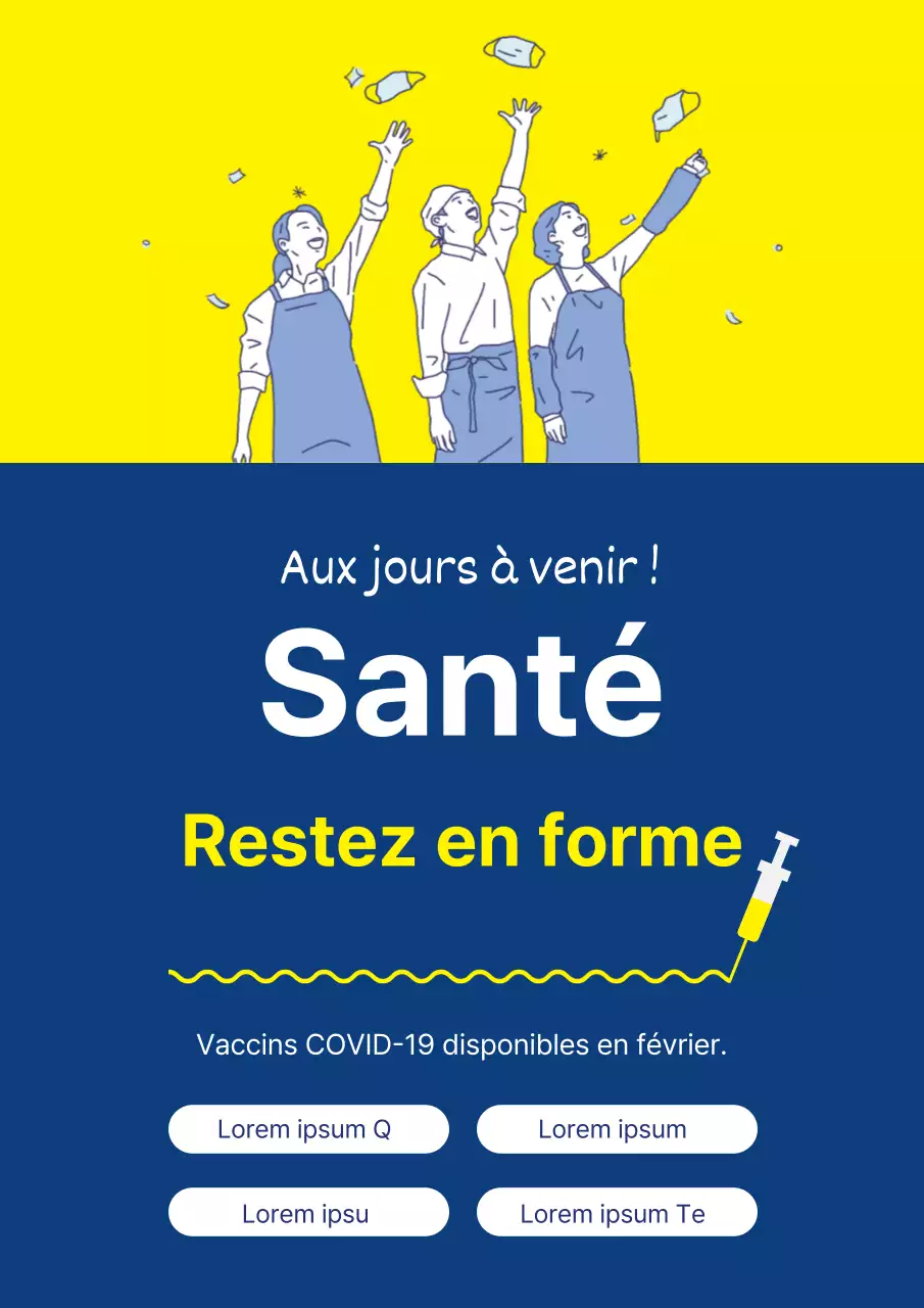 Illustration jaune bleu marine d'un vaccin corona soigné