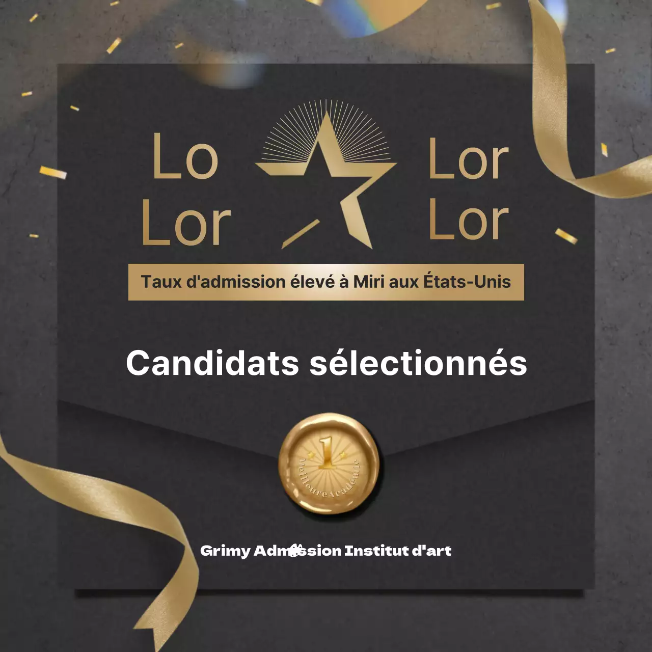 Thème d'enveloppe glamour et luxueux en noir et or avec un concept de liste d'admission à l'université américaine