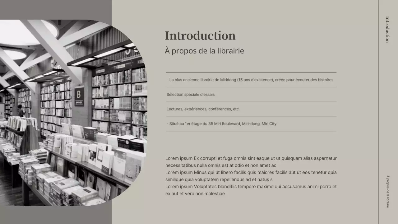 Proposition de conférence dans une librairie beige et grise