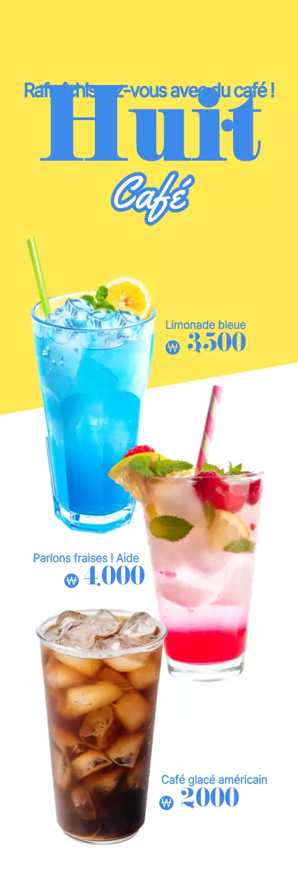 Bannière promotionnelle pour un café, facile à lire, avec texte et illustrations photographiques de boissons estivales pour un café otto, dans des couleurs fraîches.