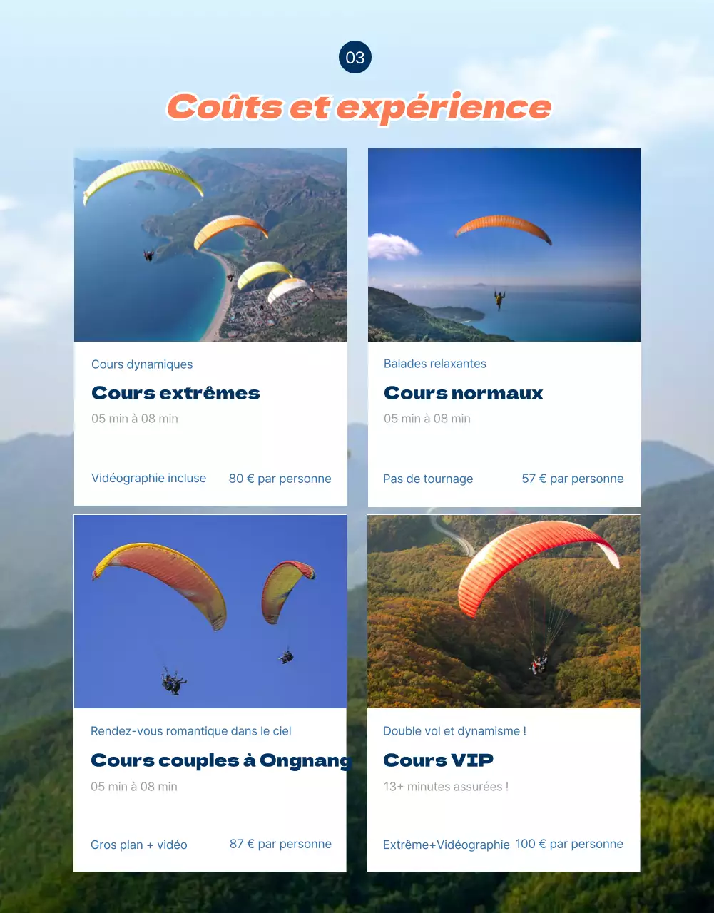 Page détaillée du parapente avec des accents orange dans SkyConcept