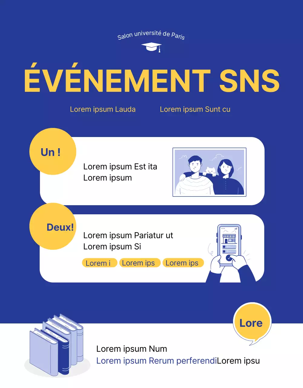 Illustration bleue et jaune d'un salon d'admission à l'université