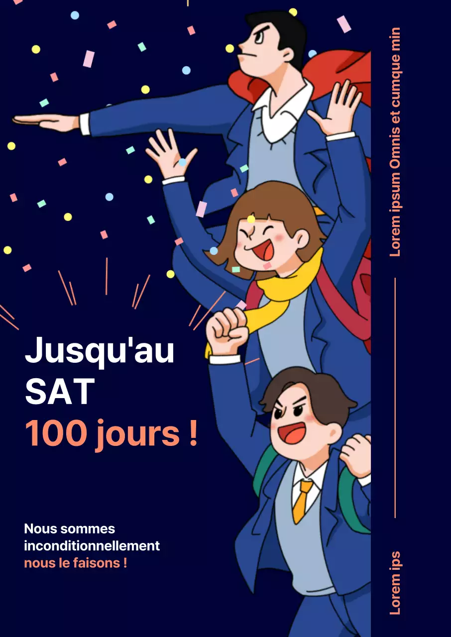 Affiche d'encouragement pour la rentrée scolaire sur fond bleu marine avec une illustration d'un élève heureux