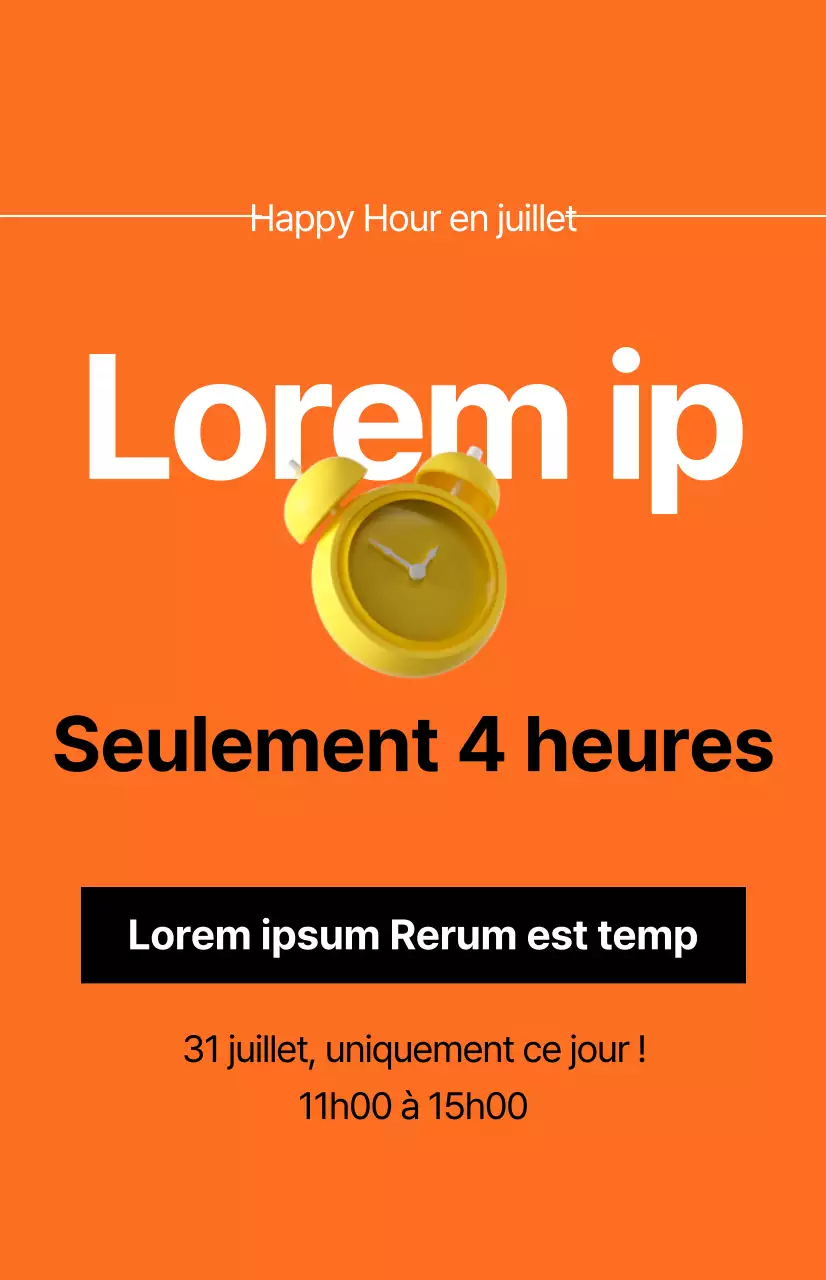 Une promotion percutante de vente de temps avec une image d'un réveil sur un fond orange.