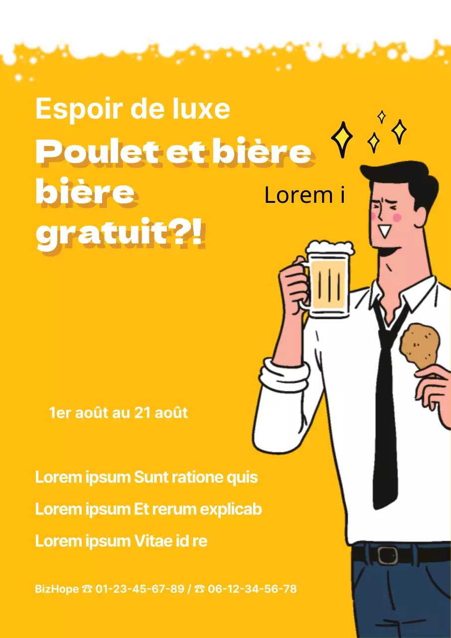 Faites la promotion de votre événement estival de bière gratuite sur fond jaune.