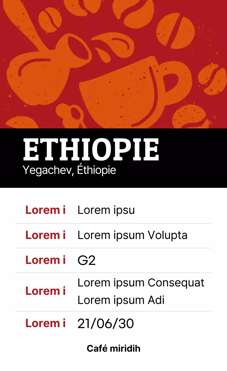 Illustration vintage colorée Étiquette de grain de café Éthiopie