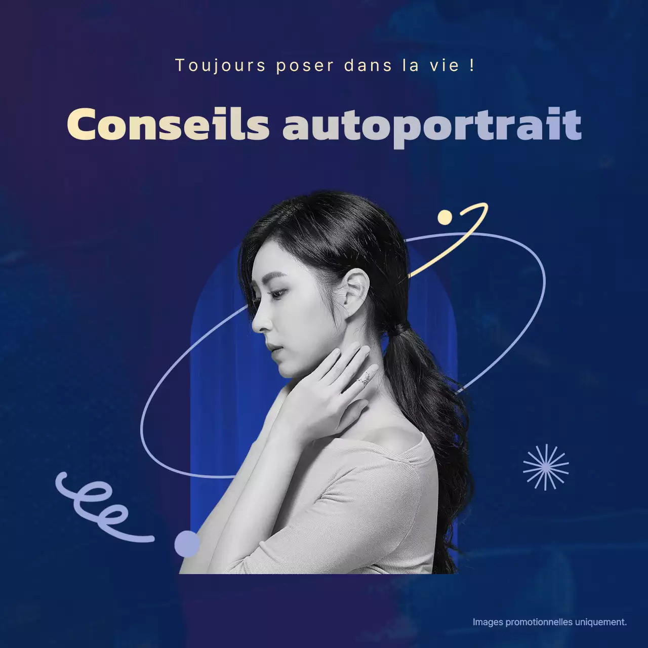 Promouvoir une astuce simple de selfie en noir et blanc, en bleu marine et jaune