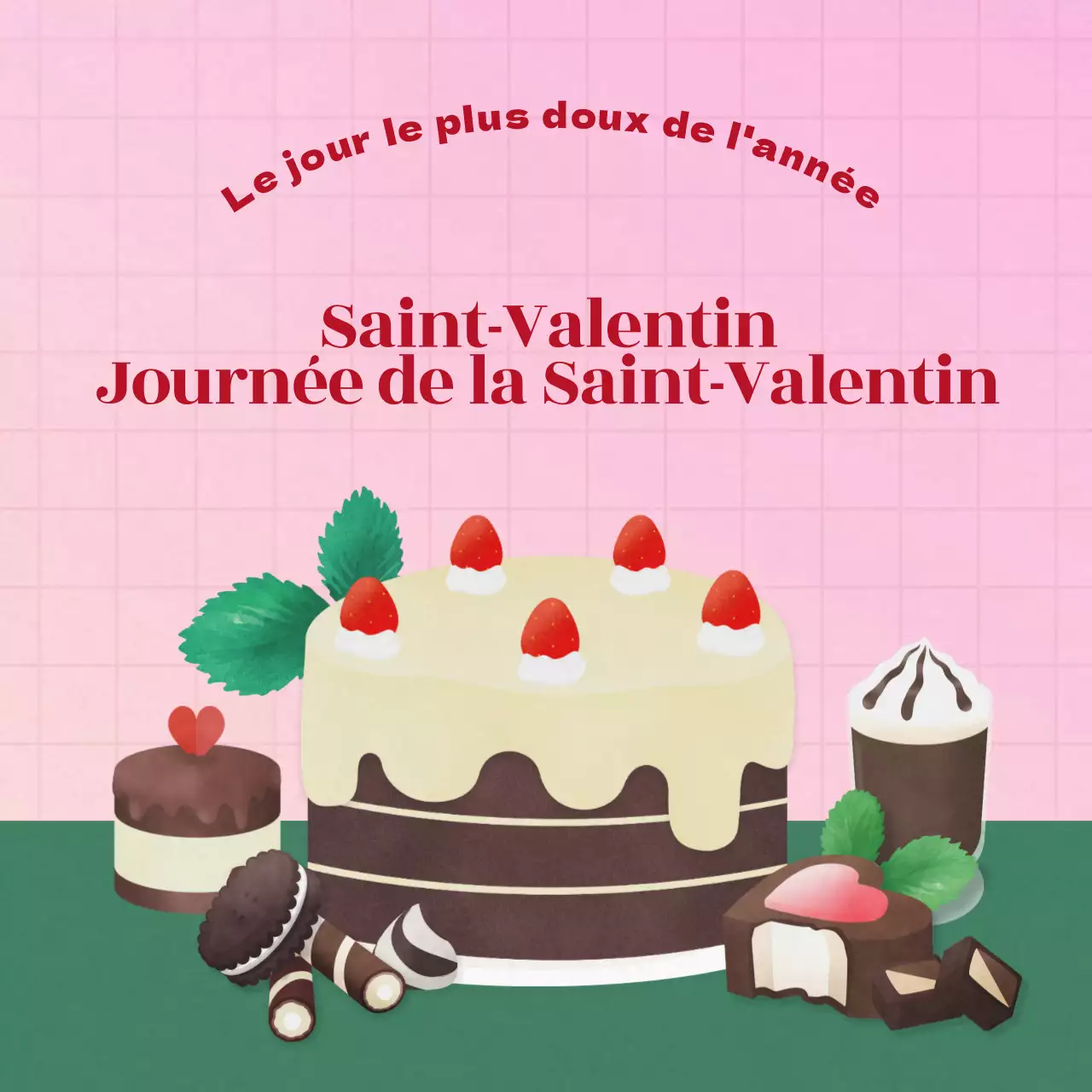 Kit de dessert chocolaté rose et vert foncé pour la Saint-Valentin, lumineux, sucré et frais