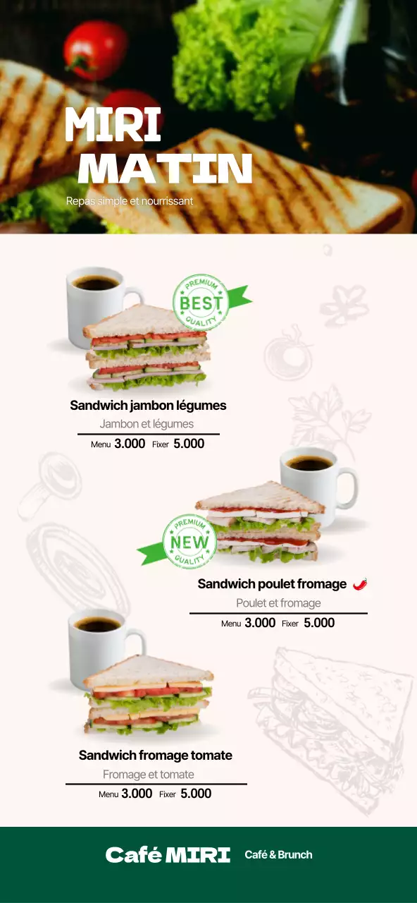 Illustration d'un sandwich vert et blanc pour un concept de menu de café.