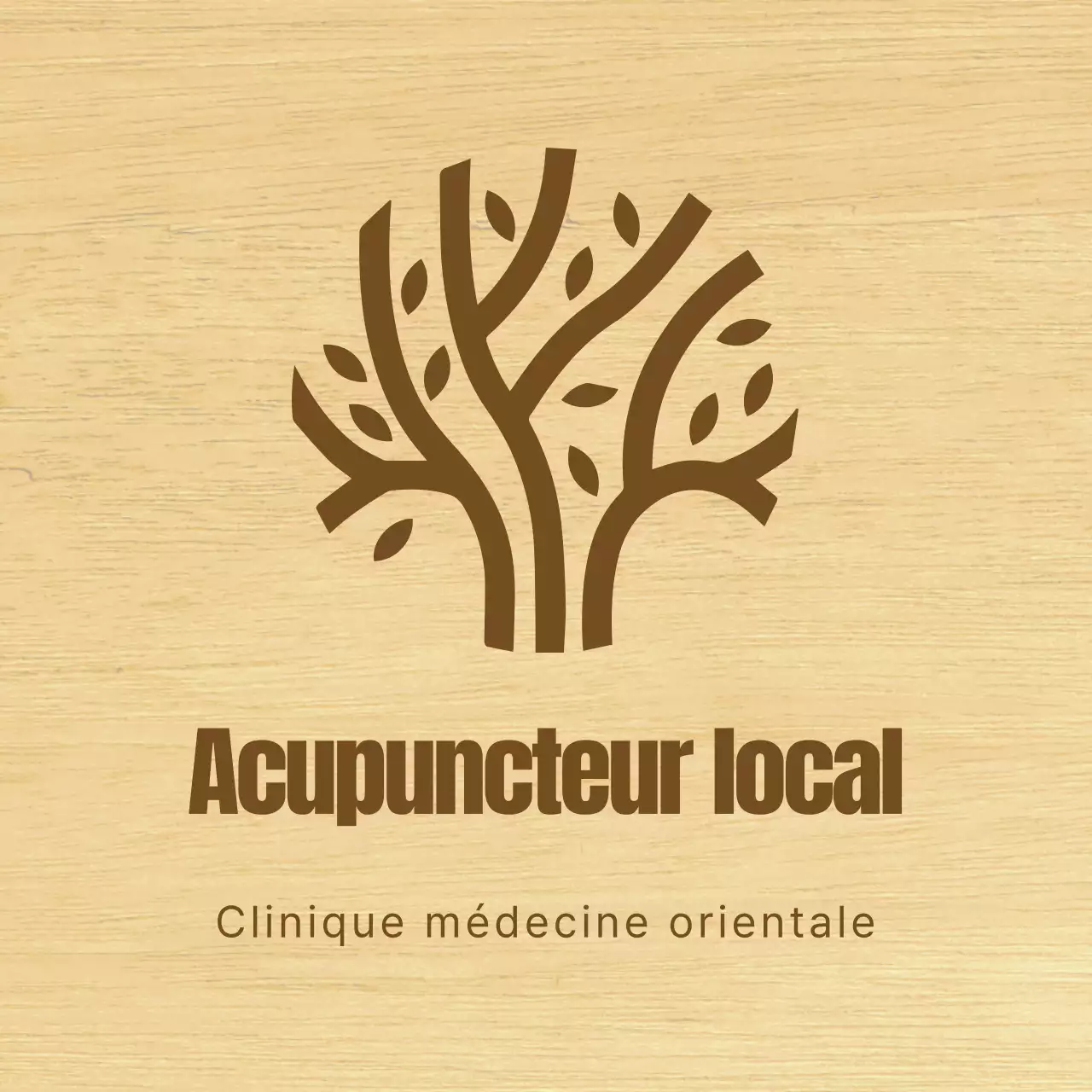 Enseigne d'une clinique de médecine orientale, d'allure élégante, avec un texte brun et une illustration au trait en bois.