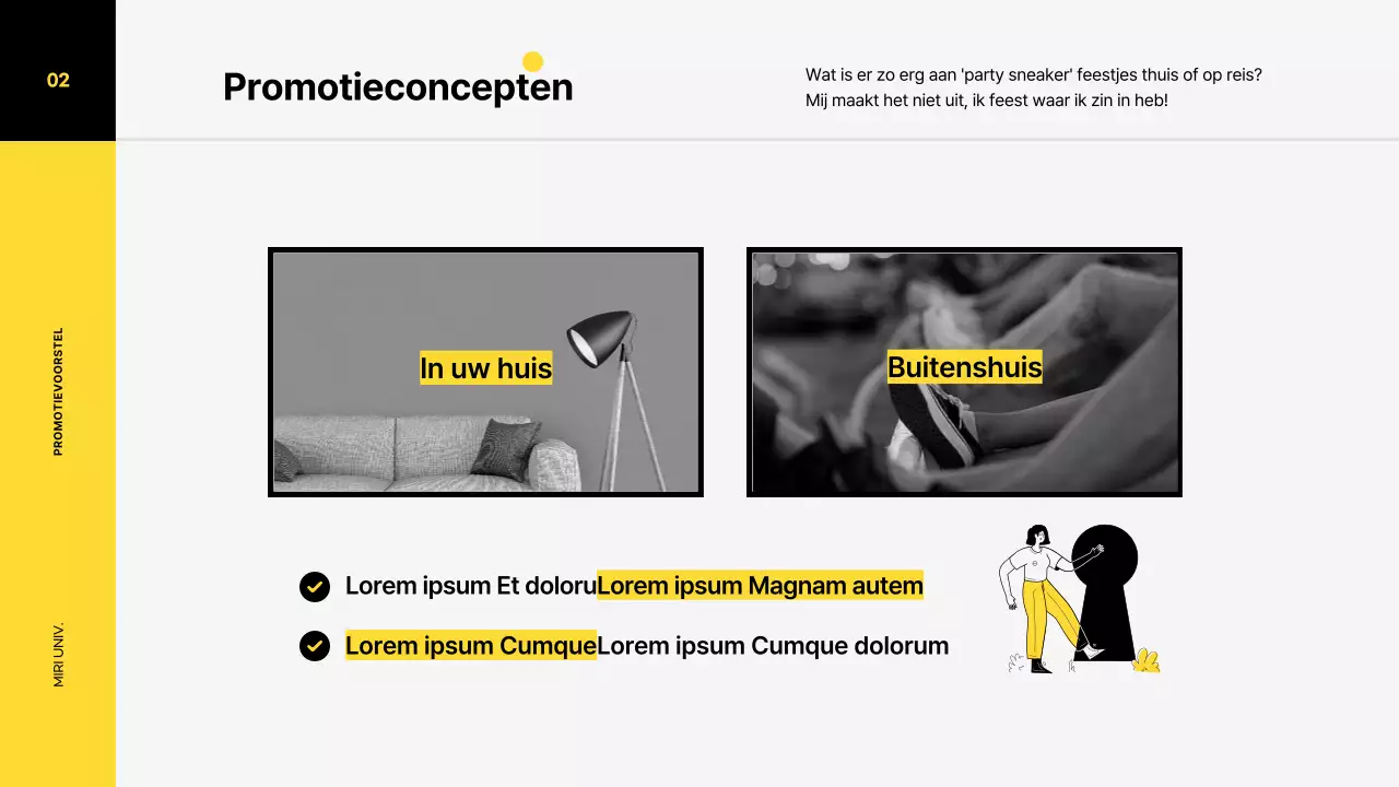 Marketingpromotieplan voor een sneaker met een levendig kleurenillustratieconcept in gele en zwarte tinten.