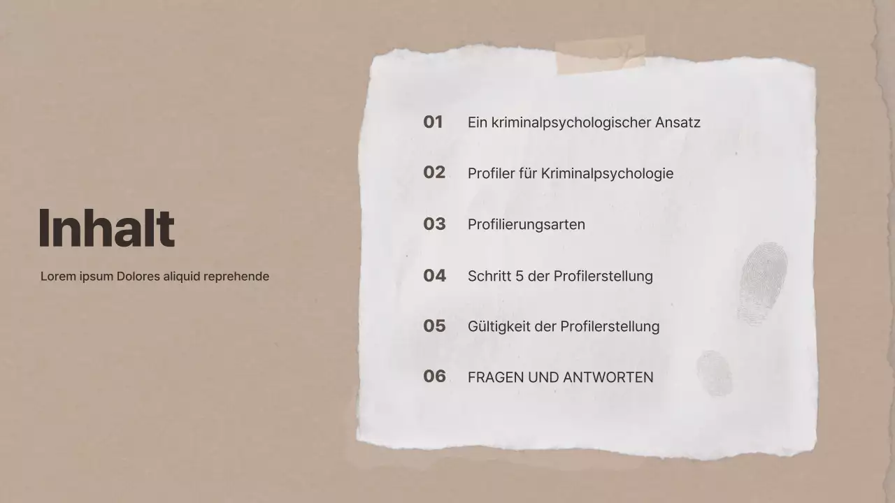 Forschungspräsentationen zum Thema Kriminalpsychologie auf braunem Papier