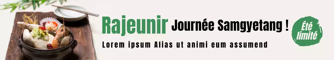 Promouvoir un menu simple de samgyetang avec une police calligraphique aux accents verts sur fond blanc