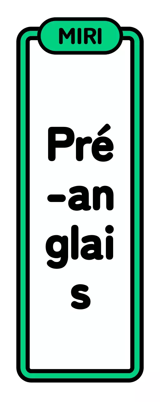 Un simple panneau d'école avec un texte pré-anglais en noir, blanc, vert et violet et des illustrations encadrées.