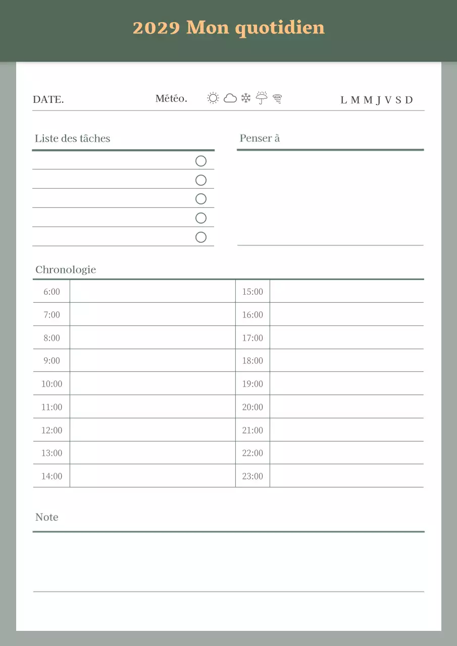 Planificateur journalier soigné en vert et orange