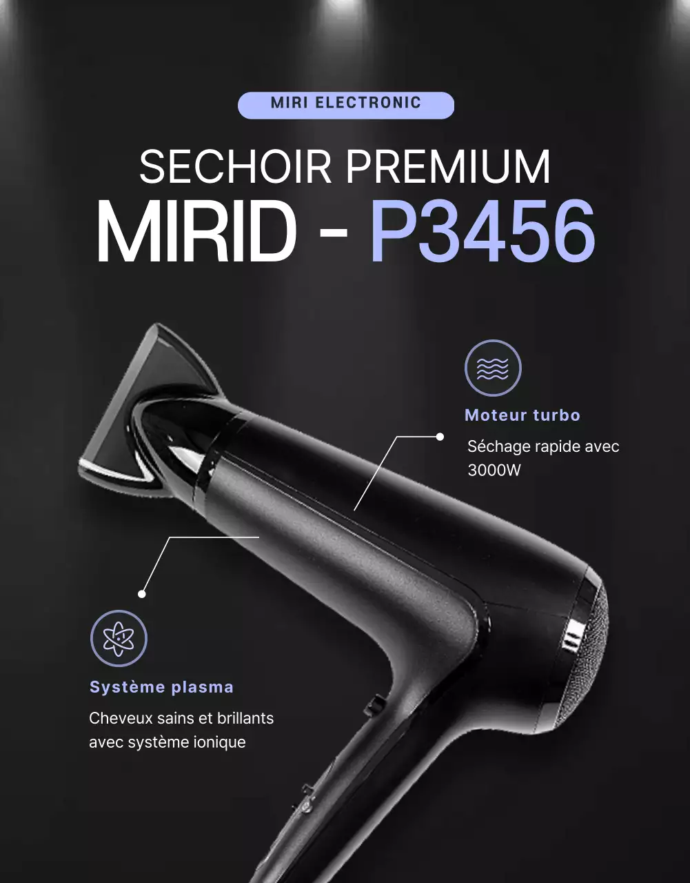 Sèche-cheveux noir et violet au concept épuré