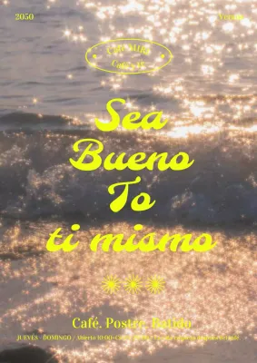 Sencillo cartel promocional de cafetería con fondo marino y texto amarillo