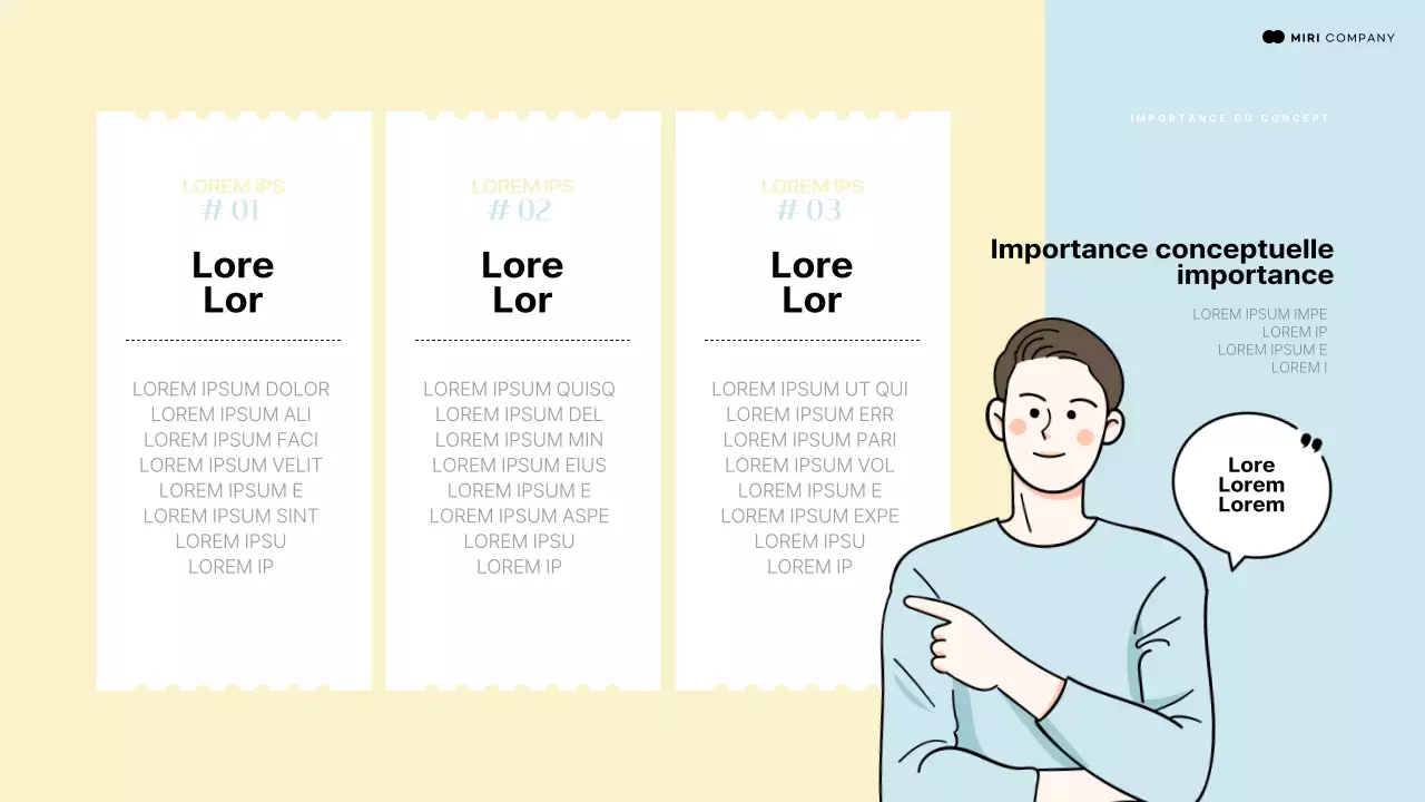 Présentation introductive utilisant un élément humain pointant vers un espace bleu clair et jaune