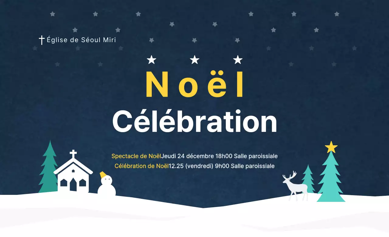 Conception d'un hot pack pour promouvoir une nativité, un service de célébration de Noël à l'église avec une illustration d'un village enneigé.