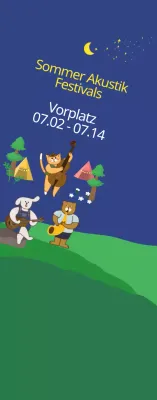 Niedlicher Illustrationsstil in dunklem Marineblau und Gelb für Informationen und Werbung für akustische Sommerfestivals