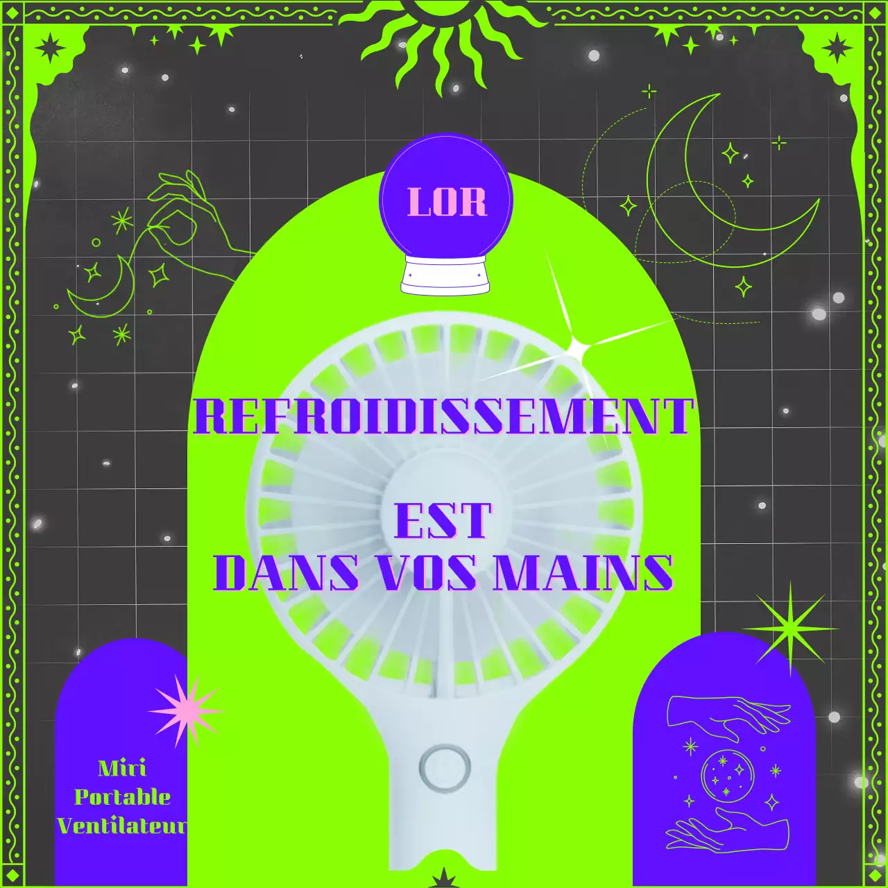 Promouvoir un bricoleur vert fluo et bleu sur le thème du tarot