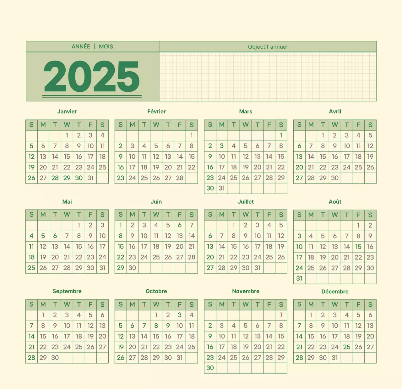 Calendrier mural SAT D-day notepad concept en vert et jaune clair