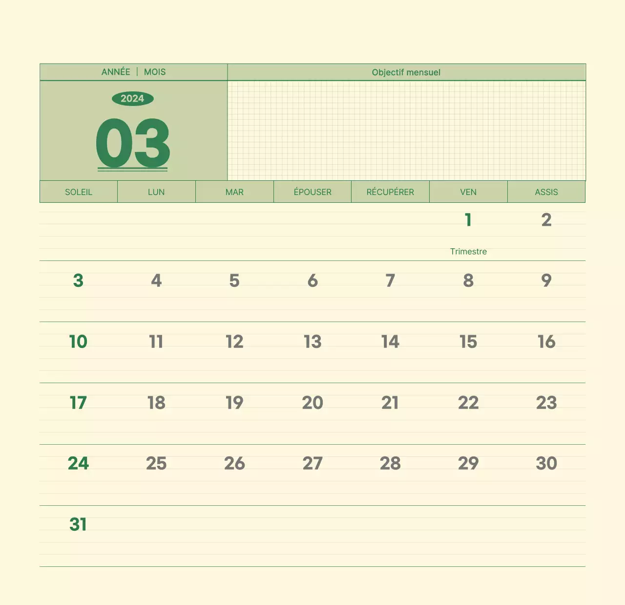 Calendrier mural SAT D-day notepad concept en vert et jaune clair