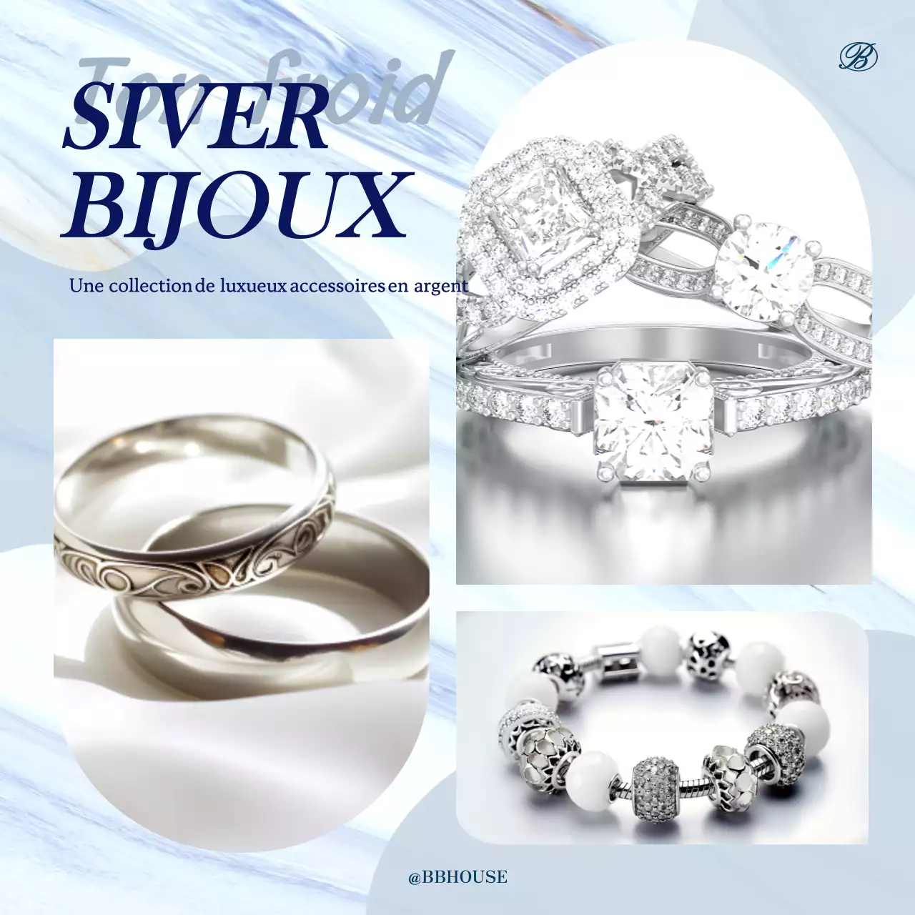 Publicité pour de luxueux accessoires argentés en bleu clair et gris