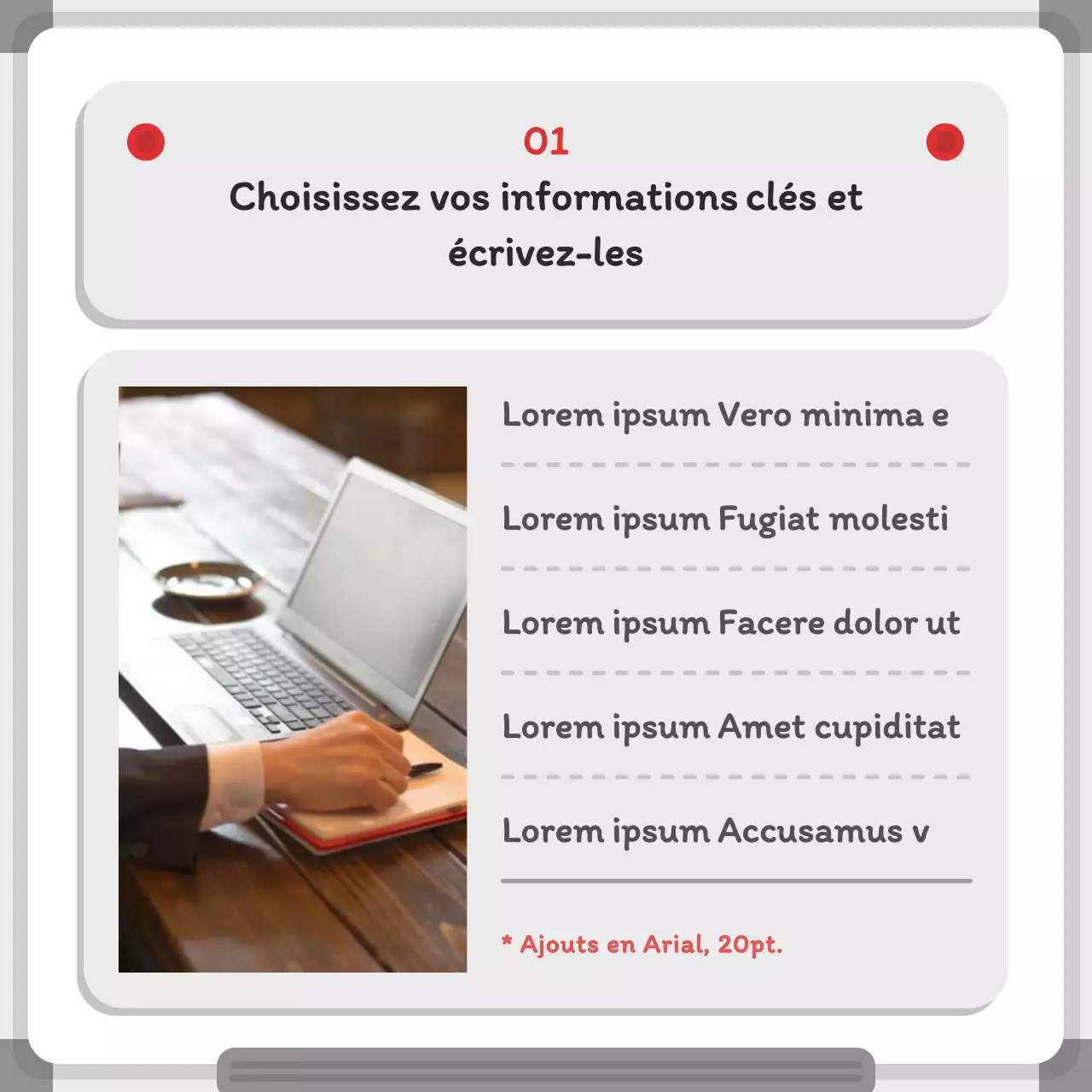 Concept de tableau blanc minimaliste en gris et rouge Quelques informations sur le concept
