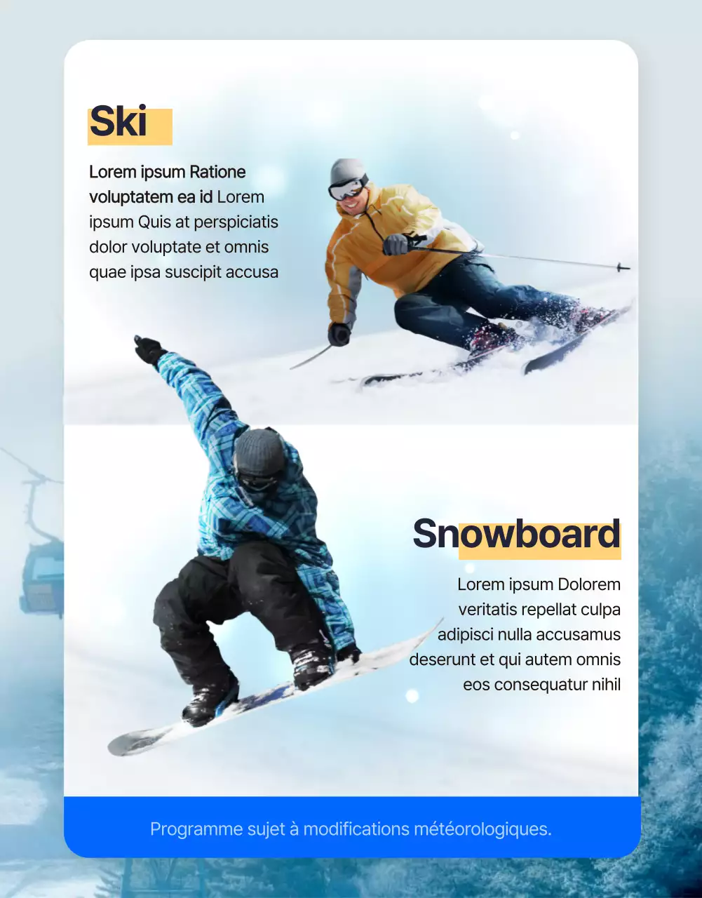 Cours de ski et de snowboard sur le thème de l'hiver en bleu (plus)