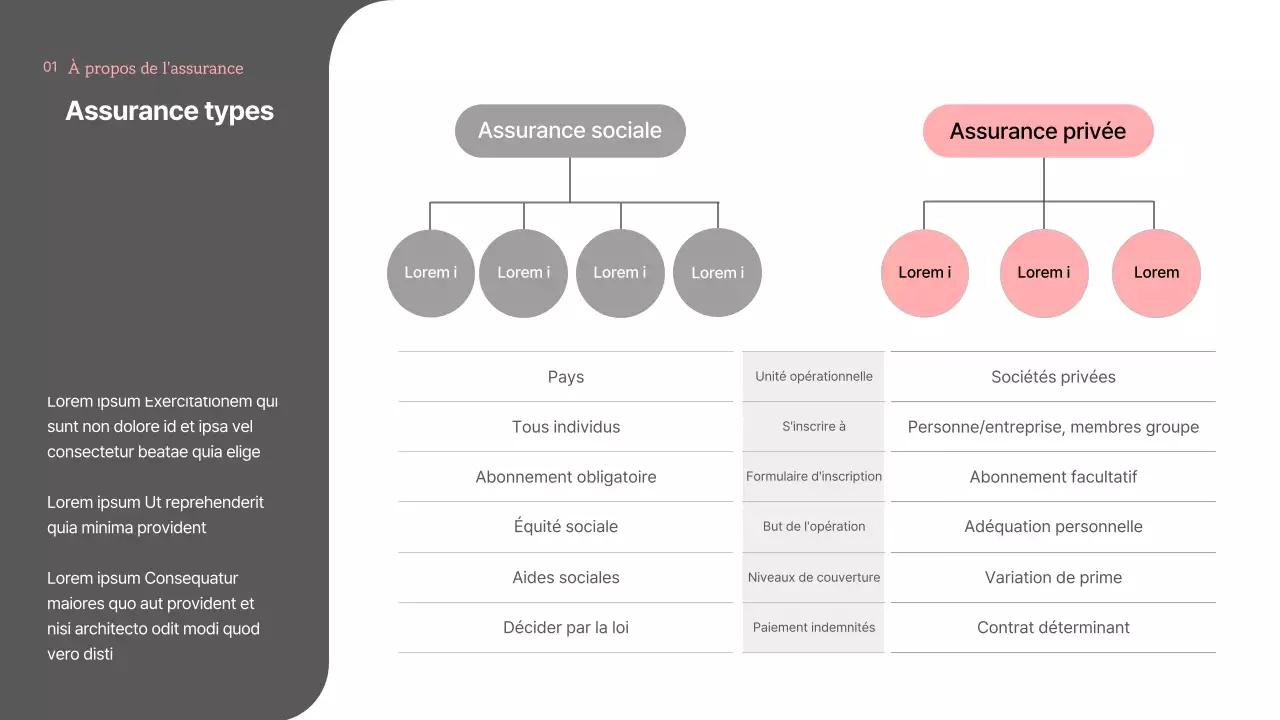 Présentation de théories et d'exemples de tons roses et gris de l'assurance privée et de ses perspectives