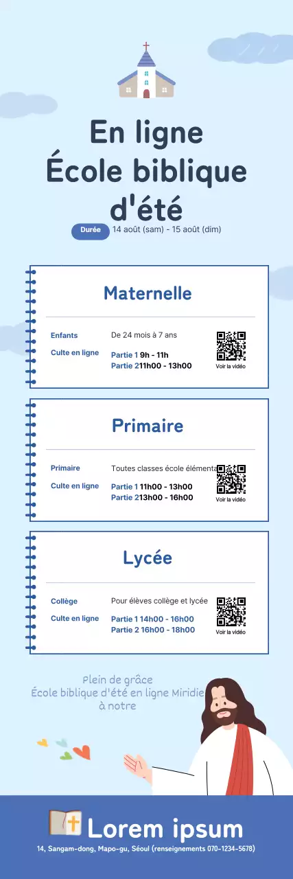 Exposition de l'église de l'école biblique d'été en ligne avec illustration Noteconcept bleu clair