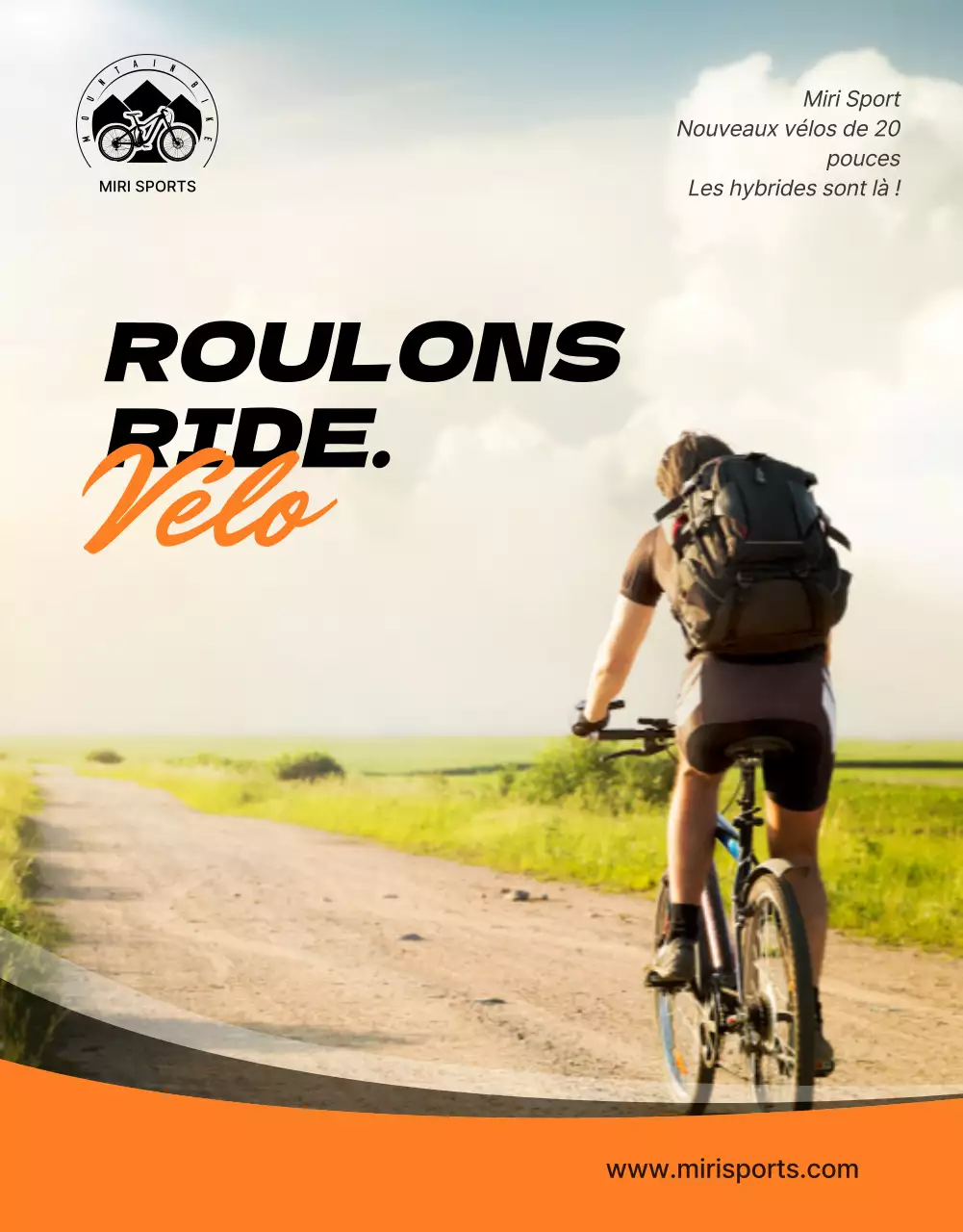 Promouvoir le vélo hybride Mirisport, lumineux, audacieux et actif, en orange et noir.