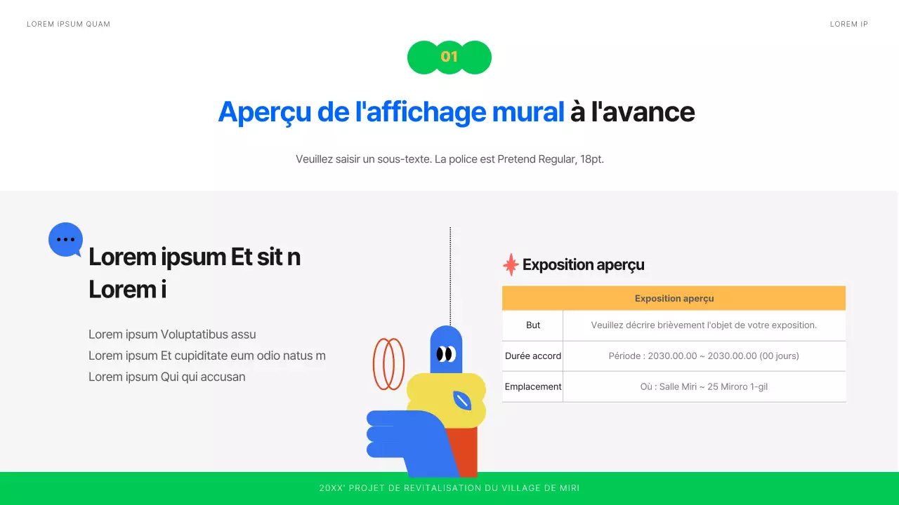 Planification d'une exposition de peintures murales illustrées en blanc, bleu et vert