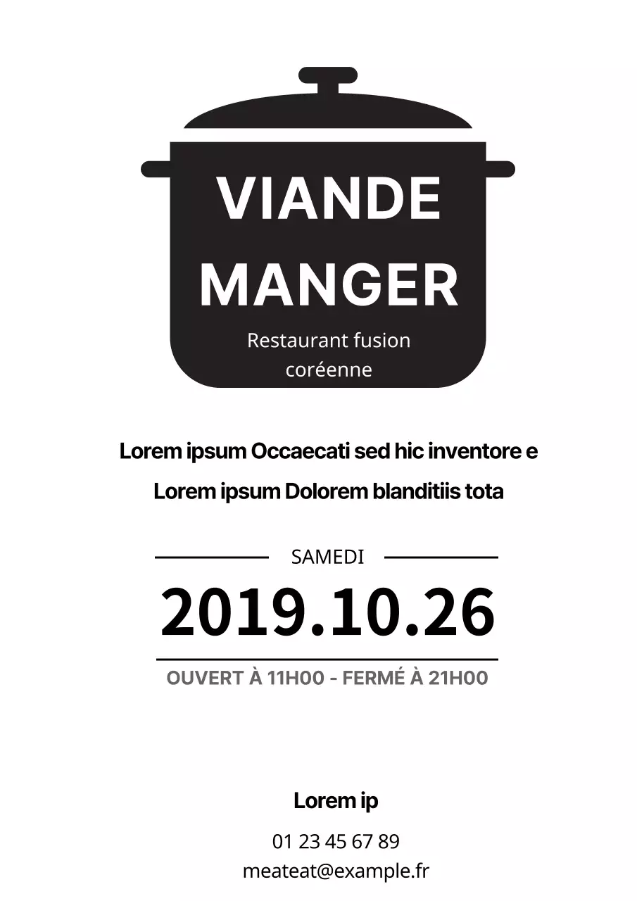 Flyer simple pour l'ouverture d'un restaurant en blanc et noir