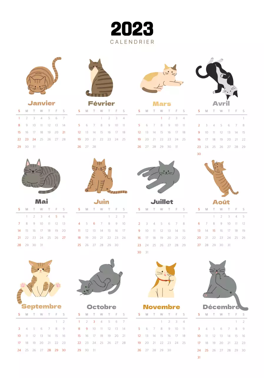 Un calendrier avec de jolies polices de caractères et des illustrations de chats