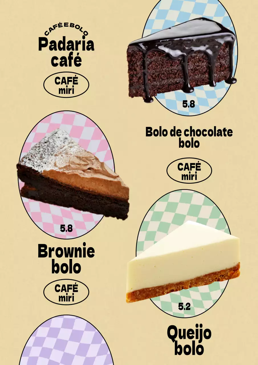 Promover um menu de sobremesas de um café de conceito vintage sobre um fundo bege