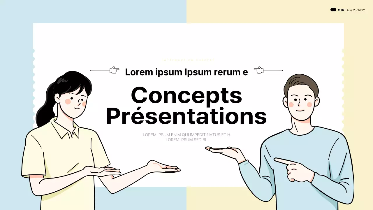 Présentation introductive utilisant un élément humain pointant vers un espace bleu clair et jaune